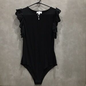 Kaleigh Black Ruffled Cap sleeve Ribbed One Piece